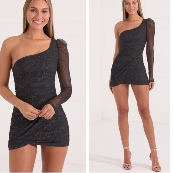 Lucy in the Sky Black Shimmer Glitter Mesh Ruched Puff Sleeve One Shoulder Dress - Picture 1 of 9